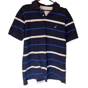Nautica Men's Performance Deck Shirt Blue/White Striped Short Sleeve Polo Sz L